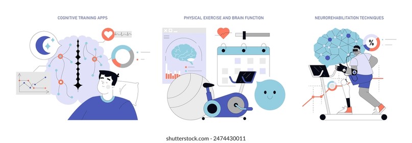 Neuroplasticity set. Brain enhancement through cognitive apps, physical activity, and rehabilitation tools. Mental agility and health promotion. Vector illustration.