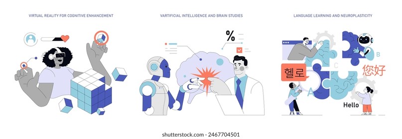 Neuroplasticity set. Innovative ways to enhance cognition, study brain functions and learn new languages. Virtual reality, AI research, and education. Vector illustration.