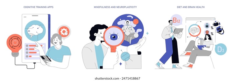 Conjunto de neuroplasticidad. Métodos interactivos que mejoran la salud cerebral con App, atención plena y nutrición. Desarrollo cognitivo y aptitud mental. Ilustración vectorial.