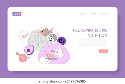 Neuroprotective Nutrition concept. A webpage presenting brain-healthy foods like fish, avocados, and vitamin D3. Diet and wellness for cognitive function. Vector illustration.