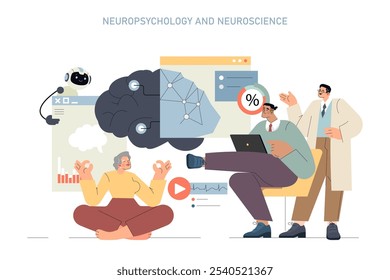 Neuropsychology concept. Scientists exploring human cognition engaging with a large brain, charts, and cognitive processes. Research, mental health study. Vector illustration.