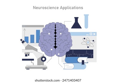 In: Neuroscience Applications Concept. Ein illustriertes Gehirn mit wissenschaftlichen Elementen, die Forschung und Studium in der Neurowissenschaft repräsentieren. Vektorillustration.