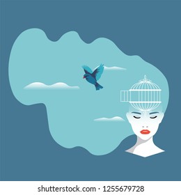 Neuroscience - Bird flying out of the cage on a woman's head in Sky Background