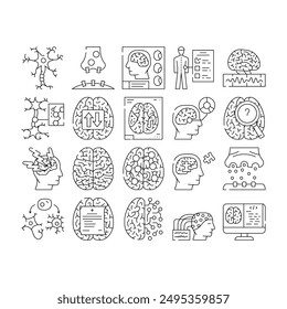 neuroscience brain doctor medical icons set vector. research computer, technology science, neurosurgery sleep, health neurology, mind neuroscience brain doctor medical black contour illustrations