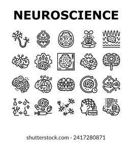 Neurowissenschaften Gehirn Neurologie Symbole setzen Vektorgrafik. Forschungsmedizin, Medizintechnik, wissenschaftliche Gesundheit, neurochirurgische Prüfung, Computer-Neurowissenschaft Gehirn Neurologie schwarze Kontur Illustrationen