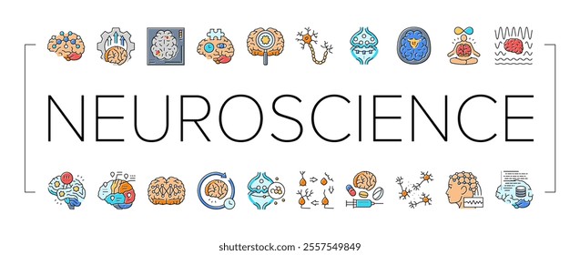 neuroscience brain neurology icons set vector. research medical, doctor technology, science health, neurosurgery scan, computer neuroscience brain neurology color line illustrations