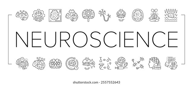 neuroscience brain neurology icons set vector. research medical, doctor technology, science health, neurosurgery scan, computer neuroscience brain neurology black contour illustrations