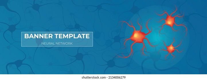 Neuroscience horizontal banner with editable text in frame and images of connected neurons colored in red vector illustration