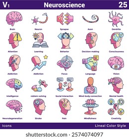 Neuroscience icon set 25 in lineal Color style