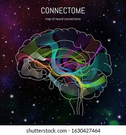 Neuroscience infographic on space background. Brain cells connectome concept.Neural network, neurons forming a complex map for mind and thinking. 