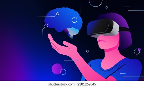 Neurociencia en Metaverse. Estudiar el cerebro en gafas de realidad virtual. Ilustración del vector