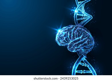 Neurowissenschaft, Neurogenetik, genetische Erkundung futuristisches Konzept mit Gehirn und DNA-Strang in glühendem niedrigen polygonalen Stil auf blauem Hintergrund. Moderne abstrakte Verbindung Design Vektor-Illustration.