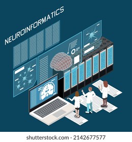 Neurociencia neuroinformática composición isométrica con científicos analizando datos 3d ilustración vectorial