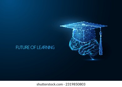 Neuroscience, neuroplasticity, future of learning futuristic concept with graduation cap over brain in glowing low polygonal style on dark blue background. Modern abstract design vector illustration.