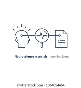 Neuroscience research, brain work study, psychology education concept, vector icon