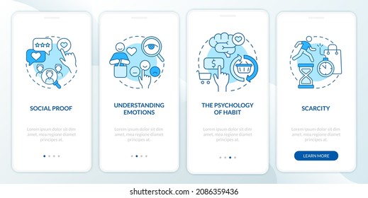 Neuroscience rules onboarding mobile app page screen. Consumer emotions research walkthrough 4 steps graphic instructions with concepts. UI, UX, GUI vector template with linear color illustrations