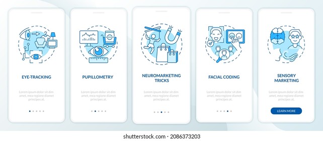 Neuroscience techniques onboarding mobile app page screen. Neuromarketing tricks walkthrough 5 steps graphic instructions with concepts. UI, UX, GUI vector template with linear color illustrations