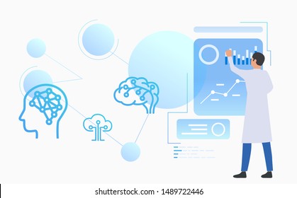 Neuroscientist examining diagrams. Science laboratory, clinical lab, experiments. Research concept. Vector illustration for webpage, landing page