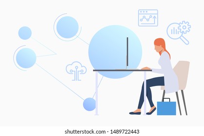 Neuroscientist working at computer. Science laboratory, clinical lab, experiments. Research concept. Vector illustration for webpage, landing page