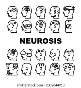 Symbole der Neurosis-Gehirnproblematik-Kollektion setzen Vektorgrafik. Erkrankungen des Nervensystems und des Nervensystems bei Patienten, Durchblutungsmanie und Panik, Verwirrtheit und Desorientiertheit - Illustrationen