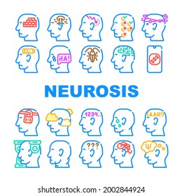 Neurosis Cerebro Problema Colección Iconos Set Vector. Neurosis Y Trastorno De Pacientes, Manía De Persecución Y Pánico, Confundido Y Desorientación Concepción Pictogramas Lineales. Ilustraciones de color de contorno