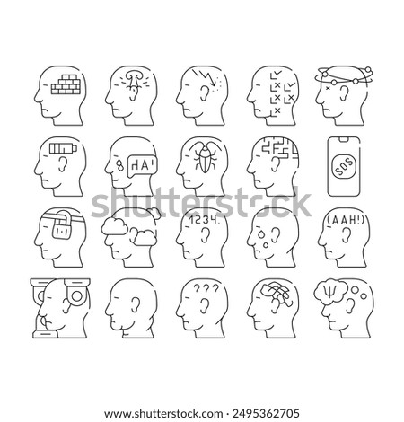 Neurosis Brain Problem Collection Icons Set Vector. Patient Neurosis And Disorder, Persecution Mania And Panic, Confused And Disorientation Contour Illustrations