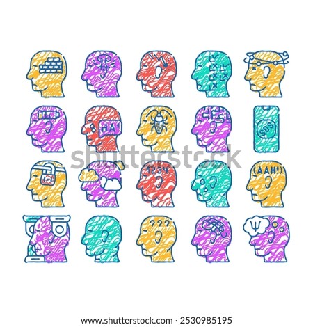 neurosis brain problem doodle icons set vector. sketch line art patient neurosis and disorder, persecution mania and panic, confused and disorientation contour illustrations