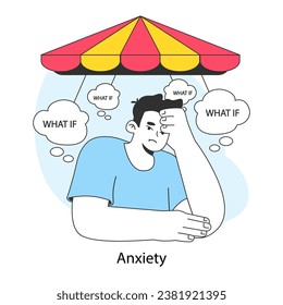 Neurosis. Chronic stress and anxiety mental disorder. Worried man feeling despair surrounded by anxious thoughts. Suffering restless unhappy guy with intrusive thoughts. Flat vector illustration