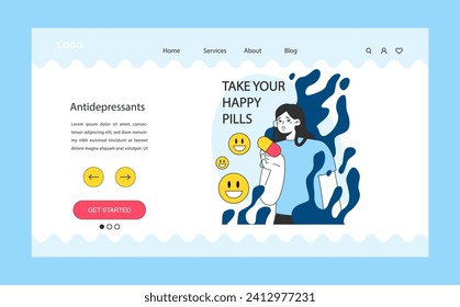 Neurosis, chronic stress or anxiety mental disorder treatment web banner or landing page. Psychotherapy and pharmacotherapy. Medications therapy. Woman holding a pill. Flat vector illustration