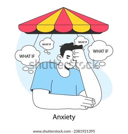 Neurosis. Chronic stress and anxiety mental disorder. Worried man feeling despair surrounded by anxious thoughts. Suffering restless unhappy guy with intrusive thoughts. Flat vector illustration