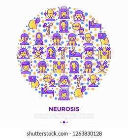 Neurosis concept in circle with thin line icon: panic attack, headache, fatigue, insomnia, despair, phobia, mood instability, stuttering, psychalgia. Vector illustration, print media template.