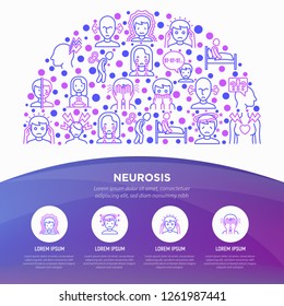 Neurosis concept in half circle with thin line icon: panic attack, headache, fatigue, insomnia, despair, phobia, mood instability, stuttering, psychalgia. Vector illustration, web page template.
