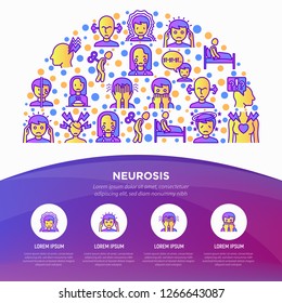 Neurosis-Konzept im Halbkreis mit Dünnzeilensymbol: Panikattacken, Kopfschmerzen, Erschöpfung, Schlaflosigkeit, Verzweiflung, Phobie, Stimmungsinstabilität, Stottern, Psychalgie. Vektorgrafik, Webseitenvorlage.