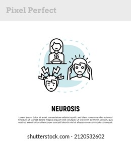 Neurosis concept with thin line icons, panic attack, loss of appetite, anxiety. Mental illness. Vector illustration.