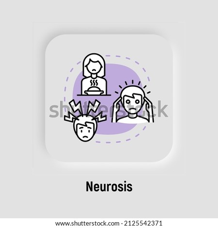 Neurosis concept with thin line icons, panic attack, loss of appetite, anxiety. Mental illness. Vector illustration.