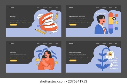 Neurosis dark or night mode web banner or landing page set. Chronic stress and anxiety mental disorder. Suffering from panic attack. Psychotherapy and pharmacotherapy. Flat vector illustration