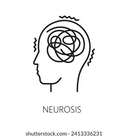 Neurosis psychological disorder problem, mental health. Human psychology, psychotherapy or cognitive disorder or mental health problem line vector symbol or pictogram with human head silhouette