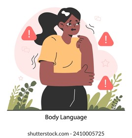 Neurosis. Scared woman body language, suffering from chronic stress and anxiety. Professional burnout, breakdown and psychological tension. Flat vector illustration