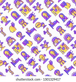 Neurosis seamless pattern with thin line icon: panic attack, headache, fatigue, insomnia, despair, phobia, mood instability, stuttering, psychalgia, dizziness. Modern vector illustration.