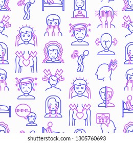 Neurosis seamless pattern with thin line icon: panic attack, headache, fatigue, insomnia, despair, phobia, mood instability, stuttering, psychalgia, dizziness. Modern vector illustration.