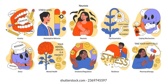 Neurosis set. Chronic stress and anxiety mental disorder. Character feeling despair, suffering from panic attack. Psychotherapy and pharmacotherapy treatment. Flat vector illustration
