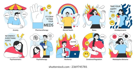 Neurosis set. Chronic stress and anxiety mental disorder. Character feeling despair, suffering from panic attack. Psychotherapy and pharmacotherapy treatment. Flat vector illustration