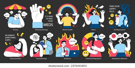 Neurosis. Tensión crónica y trastorno mental de ansiedad. Carácter sintiendo desesperación, sufriendo ataques de pánico. Tratamiento de psicoterapia y farmacoterapia. Ilustración vectorial plana