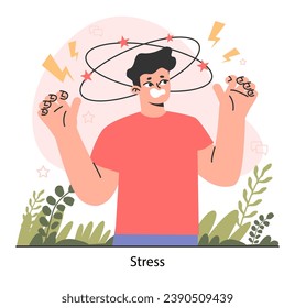 Neurosis. Stressed man feeling despair, suffering from chronic stress and anxiety. Professional burnout, breakdown and psychological tension. Flat vector illustration