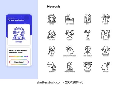 Neurosis and symptoms thin line icon set: panic attack, headache, fatigue, insomnia, despair, phobia, mood instability, dizziness, stuttering. Mental illness. Vector illustration