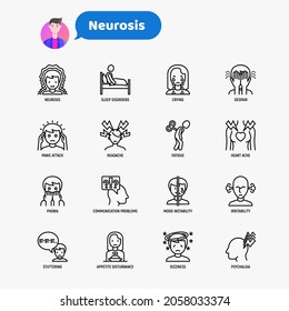 Neurosis and symptoms thin line icon set: panic attack, headache, fatigue, insomnia, despair, phobia, mood instability, dizziness, stuttering. Mental illness. Vector illustration