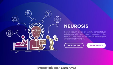 Neurosis symptoms web page template. Thin line icon set: panic attack, headache, fatigue, insomnia, despair, phobia, mood instability, dizziness. Modern vector illustration.