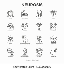 Juego de iconos de línea delgada de neurosis: ataque de pánico, dolor de cabeza, fatiga, insomnio, desesperación, fobia, inestabilidad del estado de ánimo, terquedad, psialgia, mareos. Ilustración vectorial moderna.