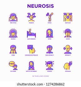 Neurosis thin line icon set: panic attack, headache, fatigue, insomnia, despair, phobia, mood instability, stuttering, psychalgia, dizziness. Modern vector illustration.