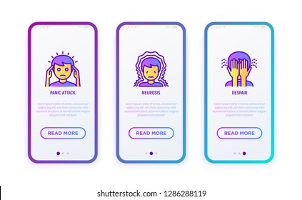 Neurosis thin line icon set: panic attack, headache, despair, phobia. Vector illustration, for user mobile interface.